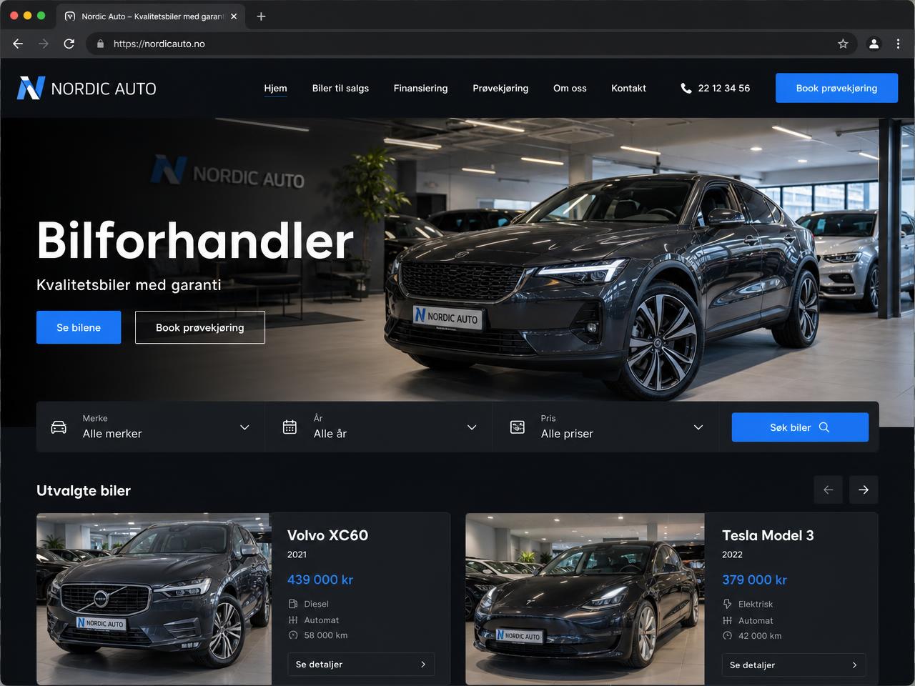 Eksempel på nettside for Bilforhandler