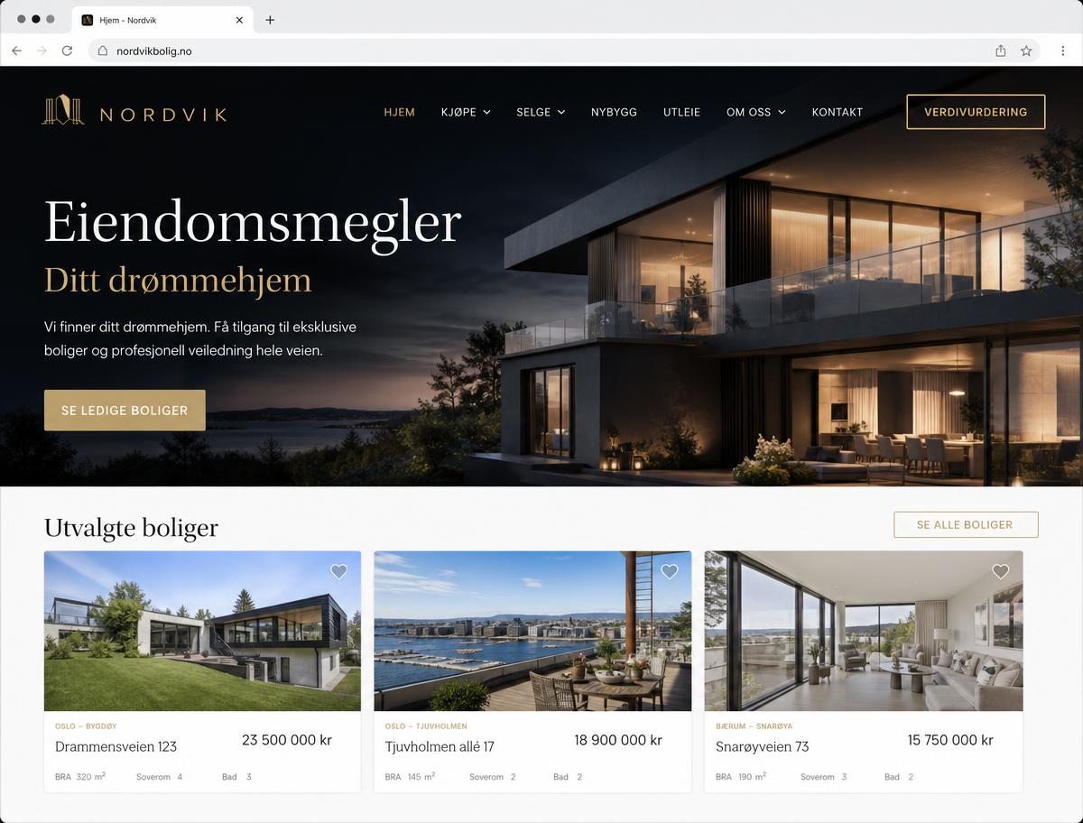 Eksempel på nettside for Eiendomsmegler